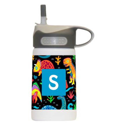 Childrens water bottle personalized with dinos pattern and initial in caribbean blue