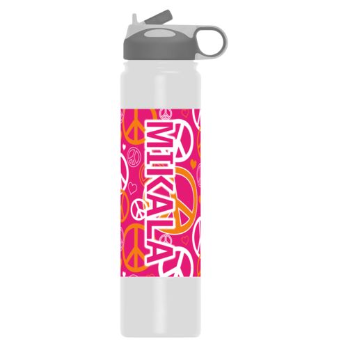 Custom water bottle personalized with peace out pattern and the saying "MIKALA"