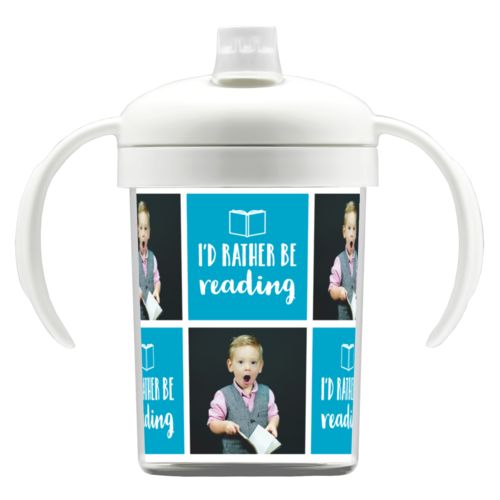 Personalized sippycup personalized with a photo and the saying "I'd Rather be Reading" in juicy blue and white