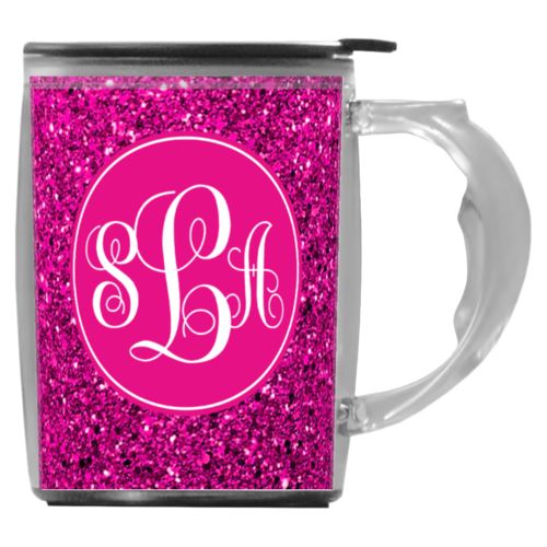 Custom mug with handle personalized with pink glitter pattern and monogram in bright pink