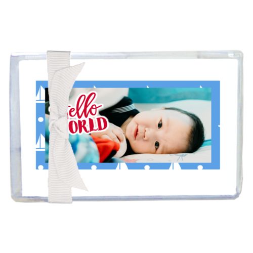 Personalized enclosure cards personalized with white sails pattern and photo and the saying "hello world"