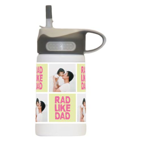 Kids bottle personalized with a photo and the saying "rad like dad" in pretty pink and morning dew green