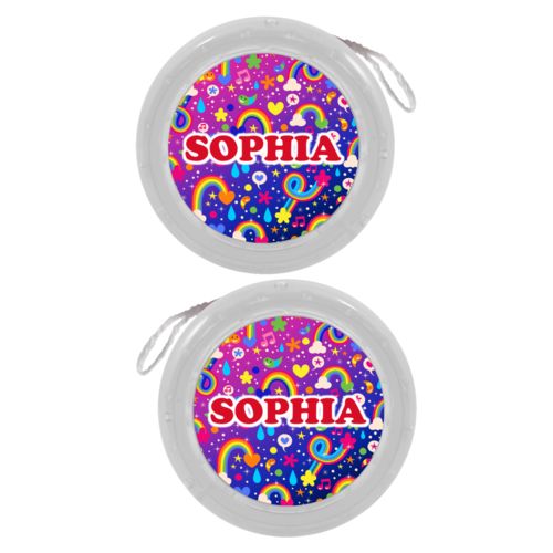 Personalized yoyo personalized with rainbows pattern and the saying "SOPHIA"
