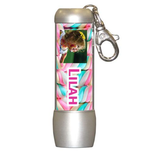 Personalized flashlight personalized with sweets twist pattern and photo and the saying "Lilah"