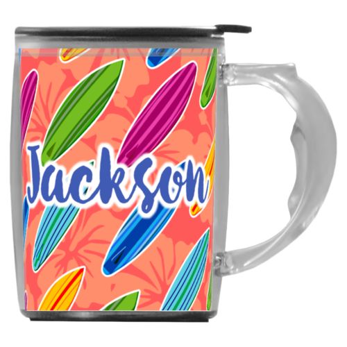 Custom mug with handle personalized with boards pattern and the saying "Jackson"