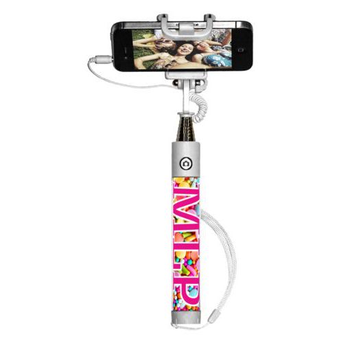 Personalized selfie stick personalized with sweets sweet pattern and the saying "MLP"