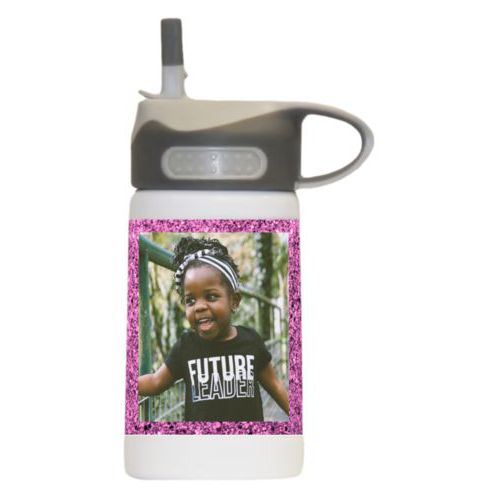Water bottle for kids personalized with light pink glitter pattern and photo