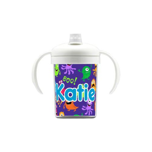 Personalized sippycup personalized with monsters pattern and the saying "Katie"