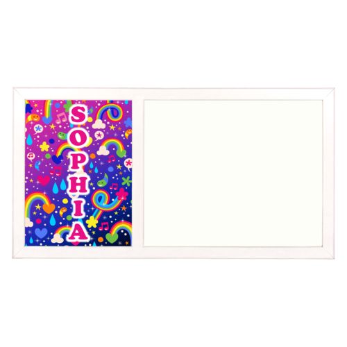 Personalized white board personalized with rainbows pattern and the saying "S O P H I A"