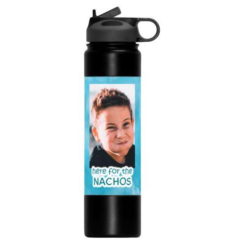 Custom water bottle personalized with teal cloud pattern and photo and the saying "here for the Nachos"