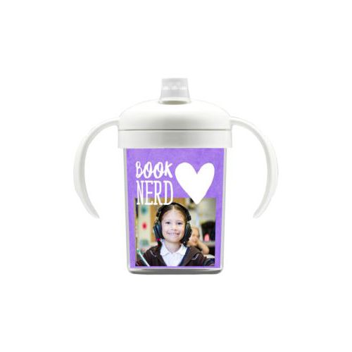 Personalized sippycup personalized with purple chalk pattern and photo and the sayings "book nerd" and "Heart"
