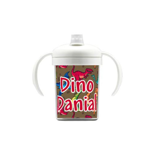 Personalized sippycup personalized with dinosaurs pattern and the saying "Dino Danial"