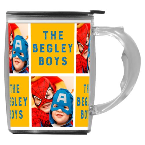 Custom mug with handle personalized with a photo and the saying "The Begley Boys" in blue and gold