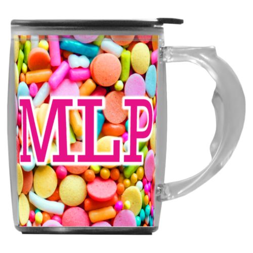 Custom mug with handle personalized with sweets sweet pattern and the saying "MLP"