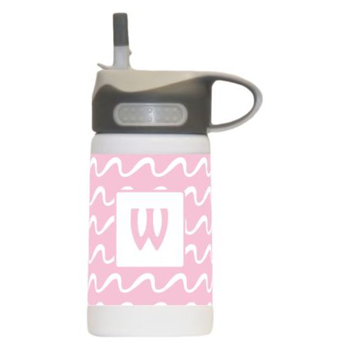 Kids water bottle for school personalized with break pattern and initial in 1054 (rosy cheeks pink and white)