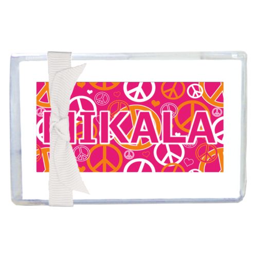 Personalized enclosure cards personalized with peace out pattern and the saying "MIKALA"