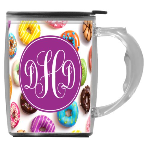 Custom mug with handle personalized with donuts pattern and monogram in eggplant