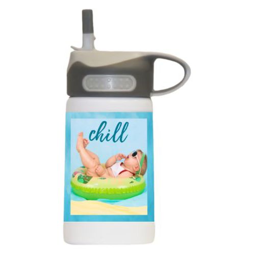 Childrens water bottle personalized with teal cloud pattern and photo and the saying "chill"