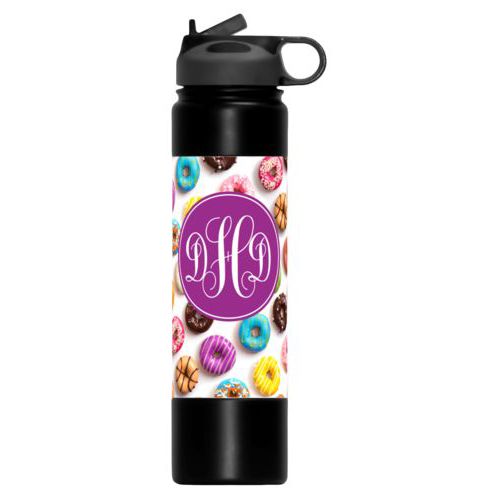 Personalized water bottle personalized with donuts pattern and monogram in eggplant
