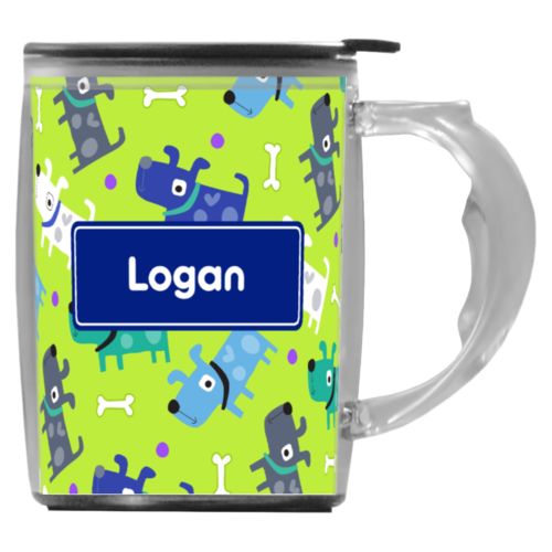 Custom mug with handle personalized with puppies pattern and name in marine