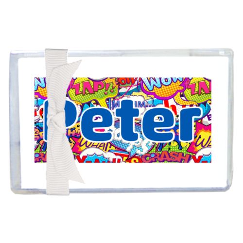 Personalized enclosure cards personalized with comics pattern and the saying "Peter"