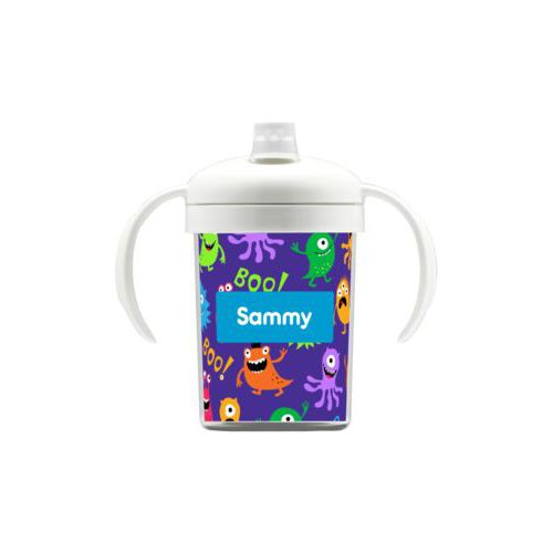 Personalized sippycup personalized with monsters pattern and name in caribbean blue