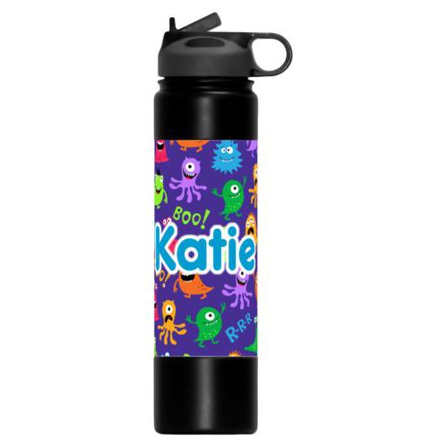 Custom water bottle personalized with monsters pattern and the saying "Katie"