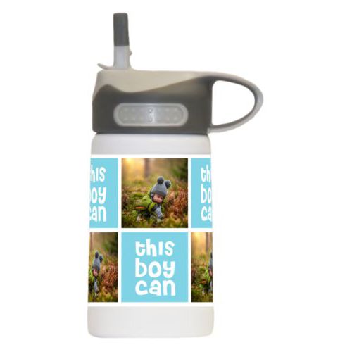 Boys water bottle personalized with a photo and the saying "this boy can" in 1055 (sweet teal and white)