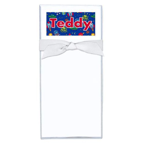 Personalized note sheets personalized with space pattern and the saying "Teddy"