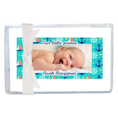 Personalized enclosure cards personalized with anchor pattern and photo and the sayings "Our little prince" and "Noah Benjamin"