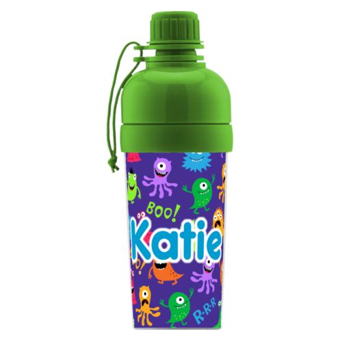 Kids water bottle personalized with monsters pattern and the saying "Katie"