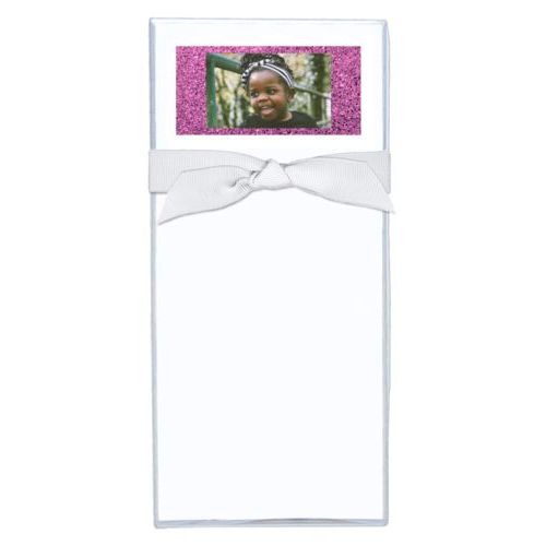 Personalized note sheets personalized with light pink glitter pattern and photo