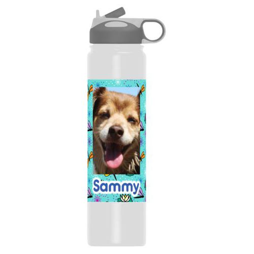 Personalized water bottle personalized with bugs dragonfly pattern and photo and the saying "Sammy"