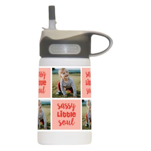 Kids bottle personalized with a photo and the saying "sassy little soul" in red punch and papaya