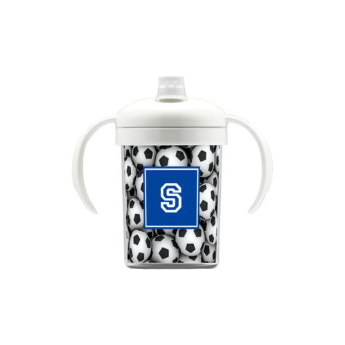 Personalized sippycup personalized with soccer balls pattern and initial in royal blue