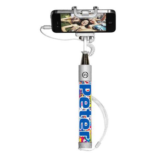 Personalized selfie stick personalized with comics pattern and the saying "Peter"