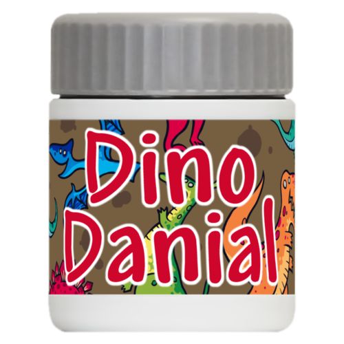 Personalized 12oz food jar personalized with dinosaurs pattern and the saying "Dino Danial"