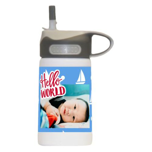 Boys water bottle personalized with white sails pattern and photo and the saying "hello world"
