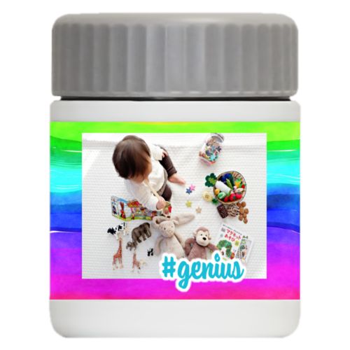 Personalized 12oz food jar personalized with rainbow bright pattern and photo and the saying "#genius"