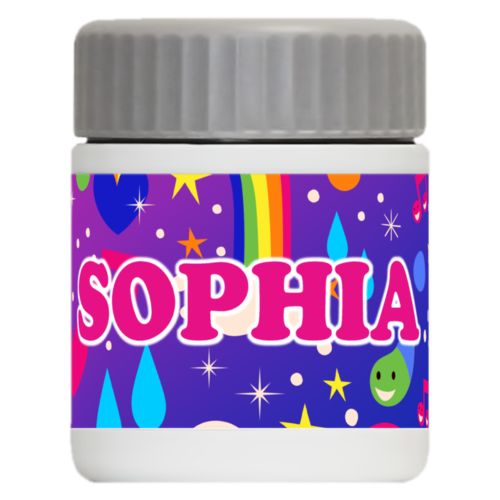 Personalized 12oz food jar personalized with rainbows pattern and the saying "SOPHIA"