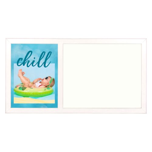 Personalized white board personalized with teal cloud pattern and photo and the saying "chill"