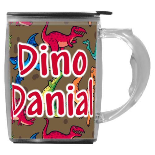Custom mug with handle personalized with dinosaurs pattern and the saying "Dino Danial"