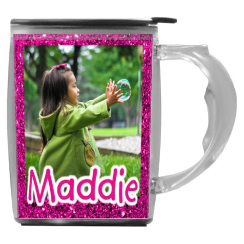 Custom mug with handle personalized with pink glitter pattern and photo and the saying "Maddie"