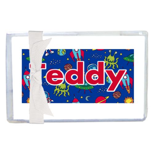 Personalized enclosure cards personalized with space pattern and the saying "Teddy"