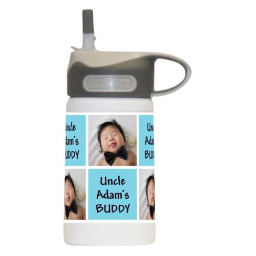 Kids sports water bottle personalized with a photo and the saying "Uncle Adam's BUDDY" in black and sweet teal