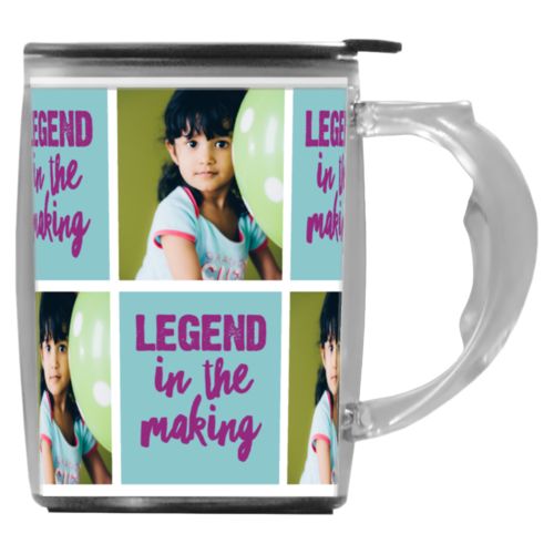Custom mug with handle personalized with a photo and the saying "Legend in the Making" in dream on - plum and blizzard blue