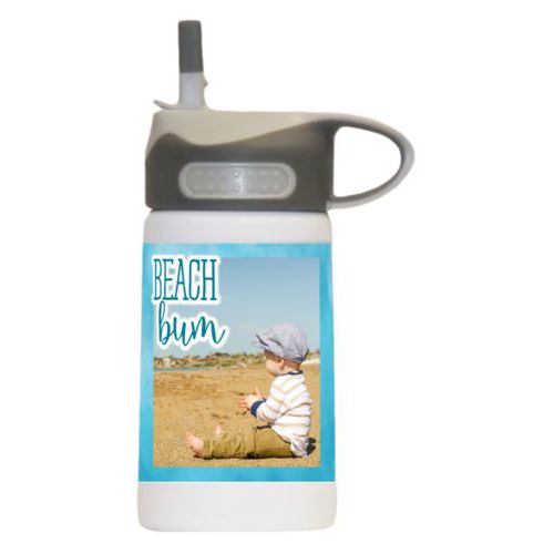 Boys water bottle personalized with teal cloud pattern and photo and the saying "Beach bum"
