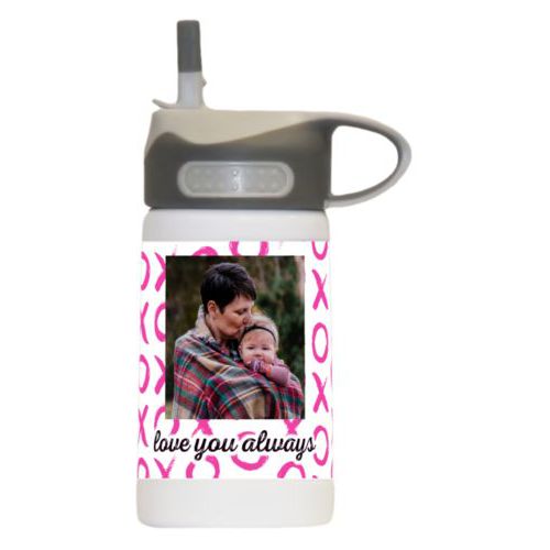 Kids stainless steel water bottle personalized with hugs pattern and photo and the saying "love you always"