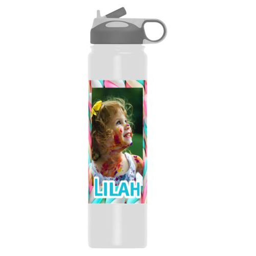 Custom insulated water bottle personalized with sweets twist pattern and photo and the saying "Lilah"