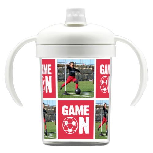 Personalized sippycup personalized with a photo and the saying "Game On" in cherry red and white
